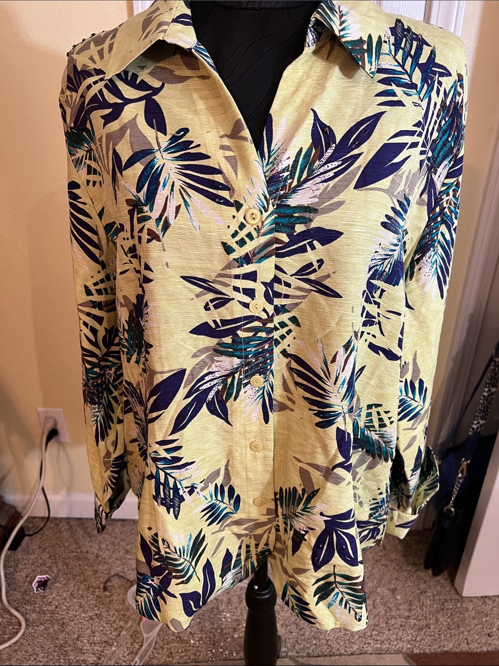 Sag Harbor Yellow Tropical Leaf Button-Down Shirt